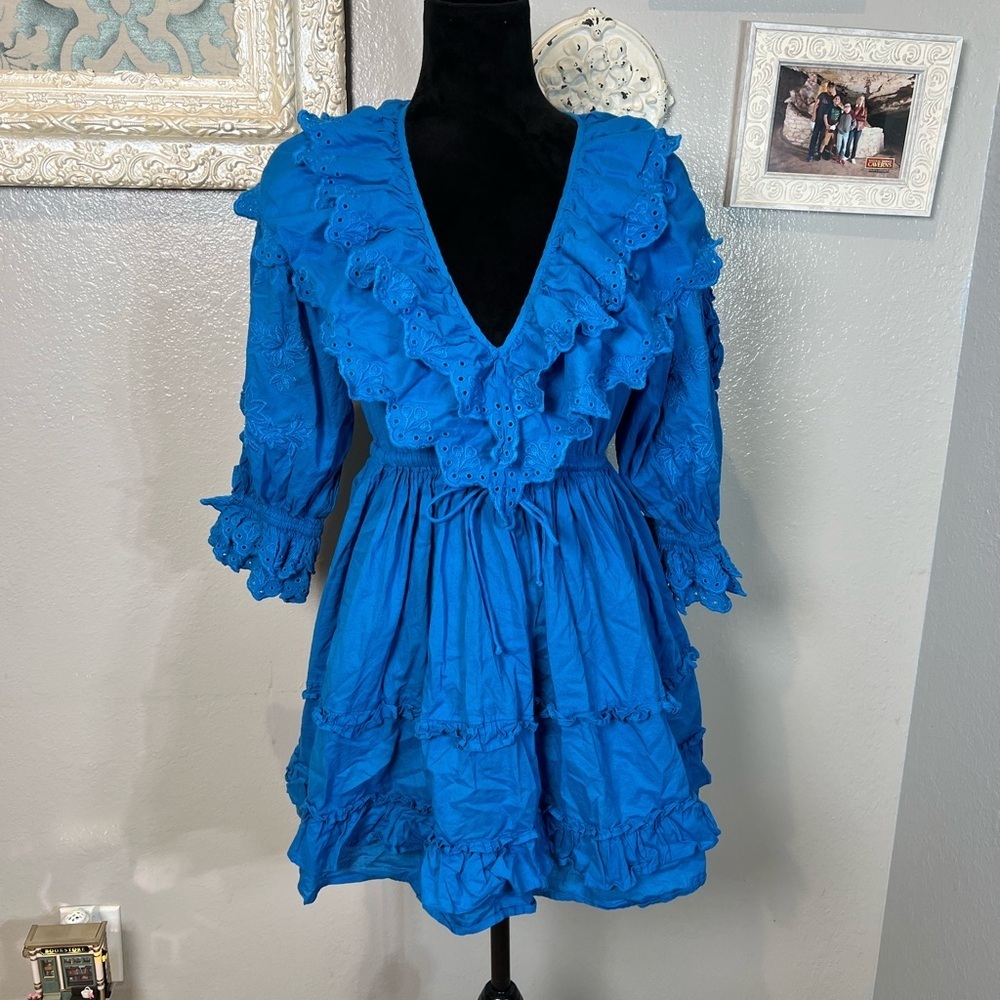 Topshop Bright Blue Dress with V-Neck and Ruffle Detail